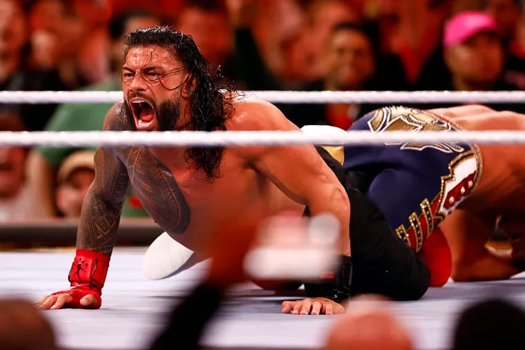 Roman Reigns wrestles Cody Rhodes for Undisputed WWE Universal Title Match during WrestleMania Goes Hollywood at SoFi Stadium on April 2, 2023. The two will face off again in Philly.