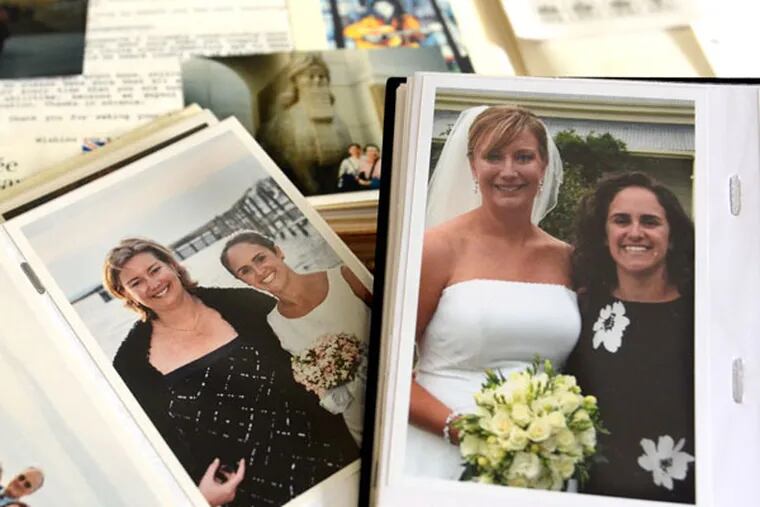 Tina Fuoco (right, in both photos) and Vanessa Hunt are seen in scrapbook photos from each of their weddings.