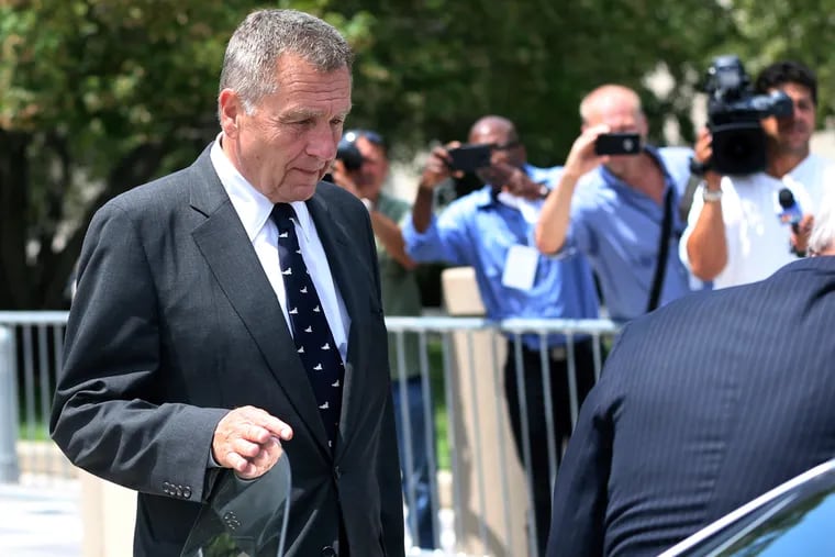 David Samson, center, former Port Authority of New York and New Jersey chairman, leaves Federal Court after a hearing Thursday, July 14, 2016, in Newark, N.J. Samson pleaded guilty Thursday to using his post to get United Airlines to run direct flights to South Carolina so that he could more easily visit his vacation home.