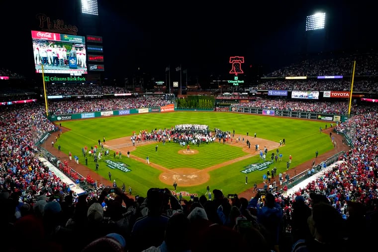 Philadelphia Phillies celebrate after winning the baseball National League Championship Series in Game 5 against the San Diego Padres on Oct. 23 in Philadelphia.