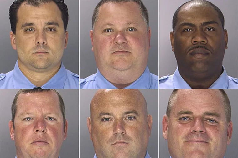 This undated photo provided by the police department shows from top left to right, Philadelphia Police officers Thomas Liciardello, Perry Betts, Linwood Norman and from bottom left to right, Brian Reynolds, John Speiser and Michael Spicer. The six city narcotics officers were arrested Wednesday, July 30, 2014 and the charges in the 26-count indictment include racketeering conspiracy, extortion, robbery, kidnapping and drug dealing. (Philadelphia Police Department )