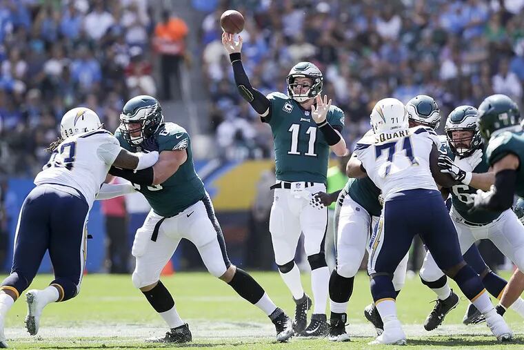 Eagles quarterback Carson Wentz throws the football against the Los Angeles Chargers.