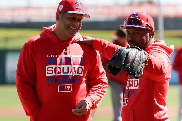 Phillies spring training instructors Jimmy Rollins (right) and Bobby Abreu together during spring training workouts on Wednesday, March 6, 2019 at Spectrum Field in Clearwater, FL.
