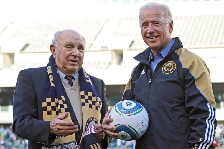 Walter Bahr (left) was honored at the Philadelphia Union's first ever home game in 2010, alongside then-Vice President Joe Biden.