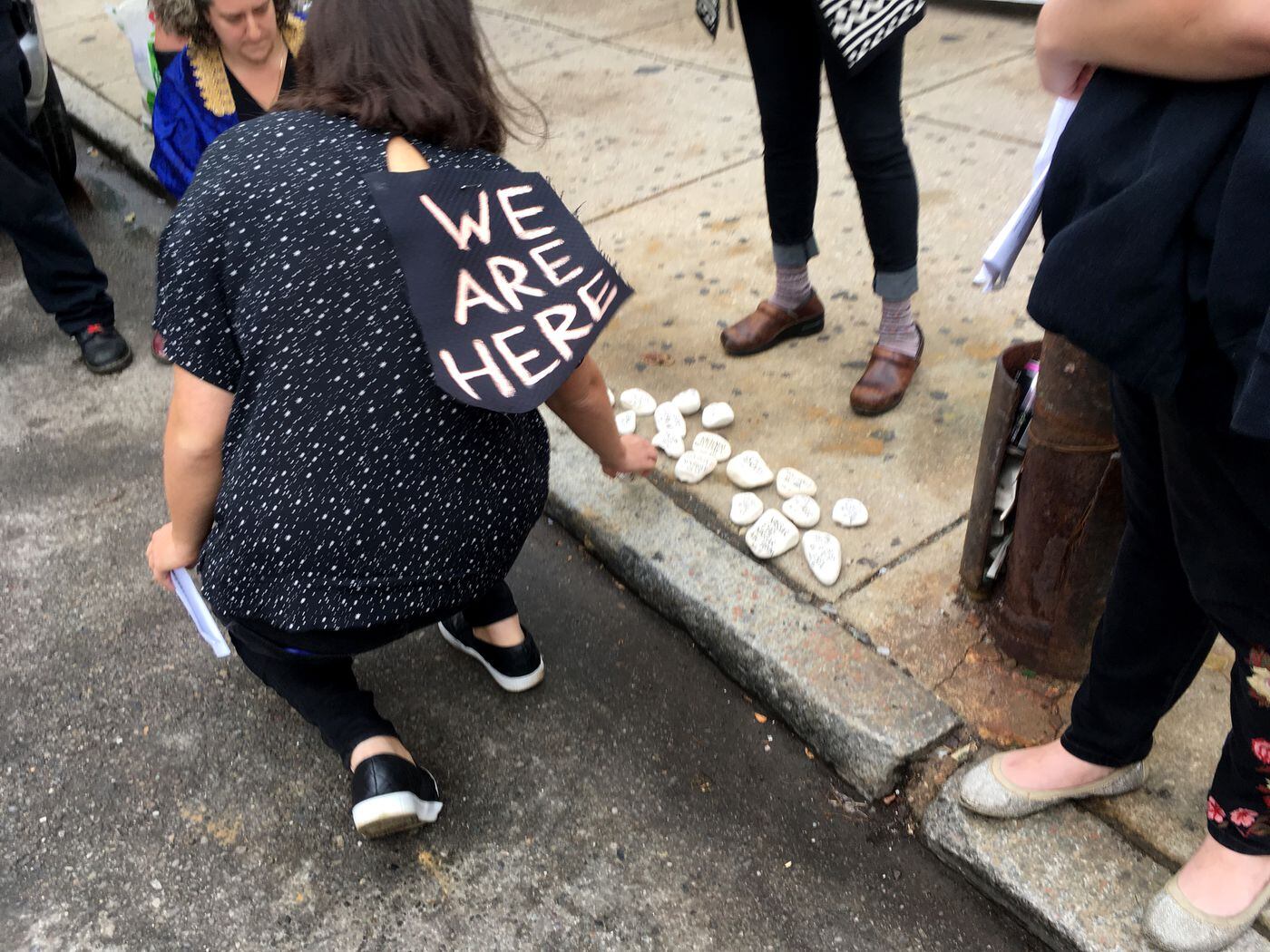 Protesters outside Scott Wagner’s office leave memorial stones on Nov. 2, 2018.