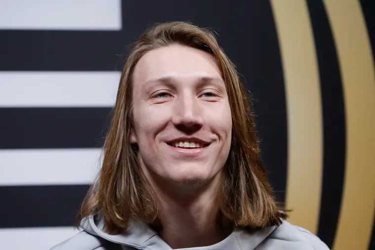 Clemson's Trevor Lawrence answers questions during media day for the NCAA college football playoff championship game Saturday, Jan. 5, 2019, in Santa Clara, Calif. (AP Photo/David J. Phillip)