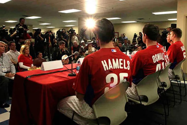 The Phillies' big guns take questions after the first workouts of spring training. &quot;I know there is a lot of hype,&quot; Cliff Lee said.