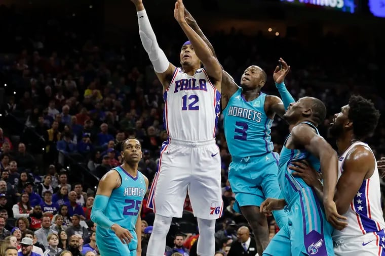Sixers forward Tobias Harris with a layup against the Charlotte Hornets on Nov. 11.