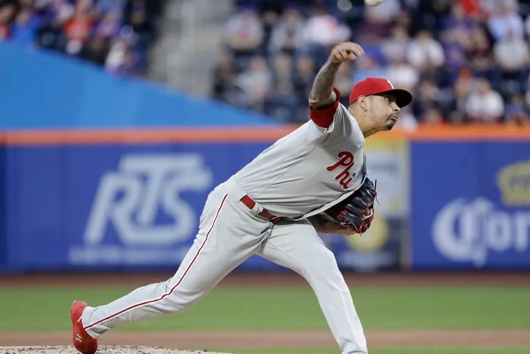 Philadelphia Phillies' Vince Velasquez delivers a pitch during the first inning.