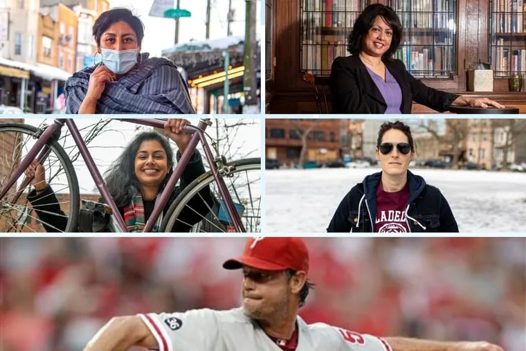 Clockwise from top left: Cristina Martínez of South Philly Barbacoa; 2020 Democratic nominee for Pa. Auditor General Nina Ahmad; Jen Leary of Red Paw Relief; Phillies '08 World Series winner Jamie Moyer; Inquirer editor Elena Gooray.