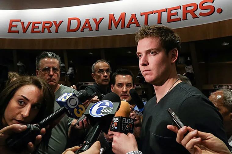 Flyers goalie Steve Mason talks to the media. (Steven M. Falk/Staff Photographer)