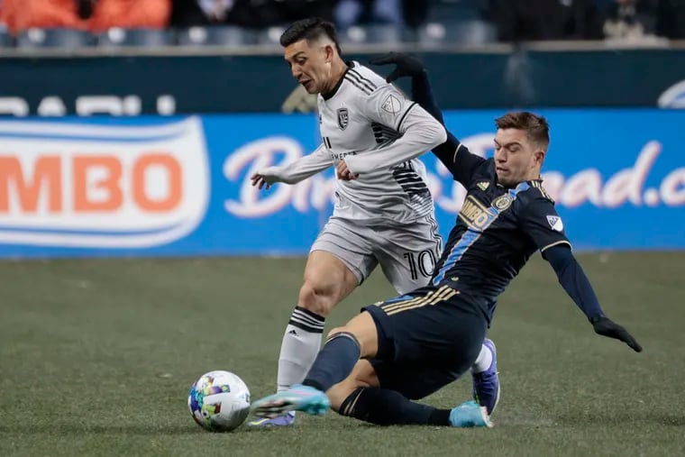 Union # 27Kai Wagner kicks the ball away from San Jose’s # 10 Cristian Espinoza in the first half of during the San Jose Earthquakes vs Philadelphia Union Major League Soccer (MLS) match at Subaru Park in Chester, Pa. on March 12, 2022.