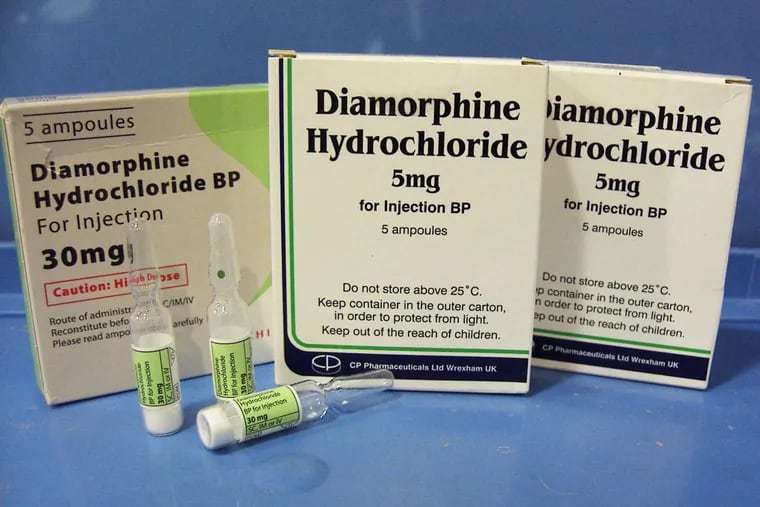 Ampoules of freeze-dried diamorphine (heroin) for medical use.