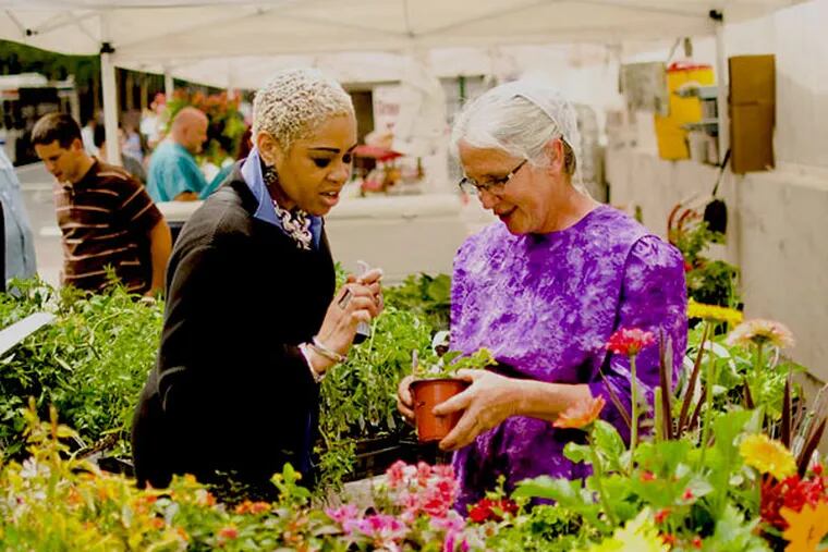 Darlene Richardson buys plants from Rhoda Martin (right), of Herbal Springs Farmstead in Ephrata, at the farmer's market at Thomas Jefferson University.
