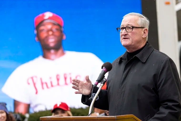 Mayor Jim Kenney speaks at the unveiling of the new mural for Phillies great Dick Allen on Thursday.