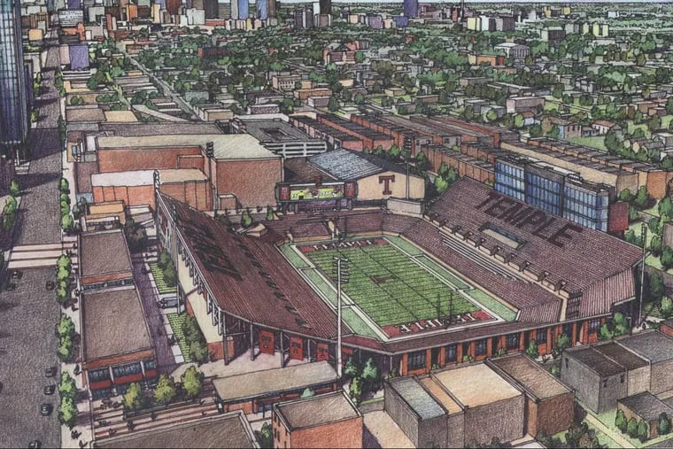 An artist’s sketch of Temple University’s proposed football stadium along the south side of Norris Street, from Broad to 16th Streets. Pictured here, the view looking south toward Center City. Broad Street is the street along the left edge of the frame.