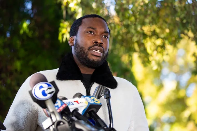 Meek Mill speaks to the press about a visit to State Correctional Institution Phoenix in 2019.