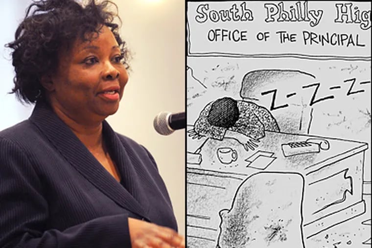 South Philadelphia High Principal LaGreta Brown speaks during Wednesday's School Reform Commission. At right, the Tony Auth cartoon that's drawn complaints. (Sharon Gekoski-Kimmel / Staff)