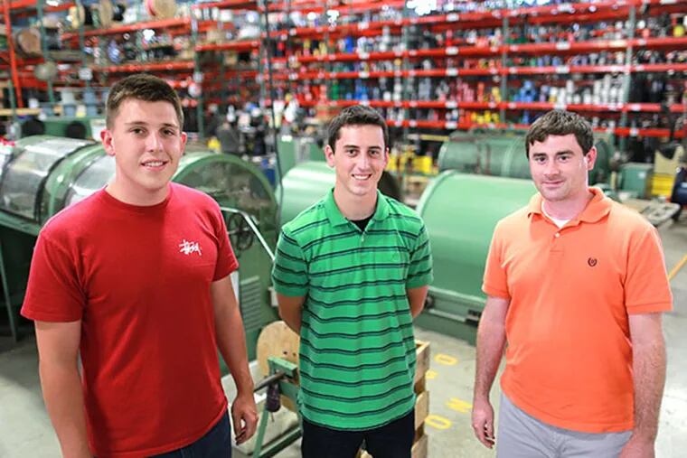 Interns Josef Gershuw, Sean Andiario, and Kevin Fink at Alllied Wire and Cable in Collegeville, Pa., Monday July 7, 2014. ( DAVID SWANSON / Staff Photographer )