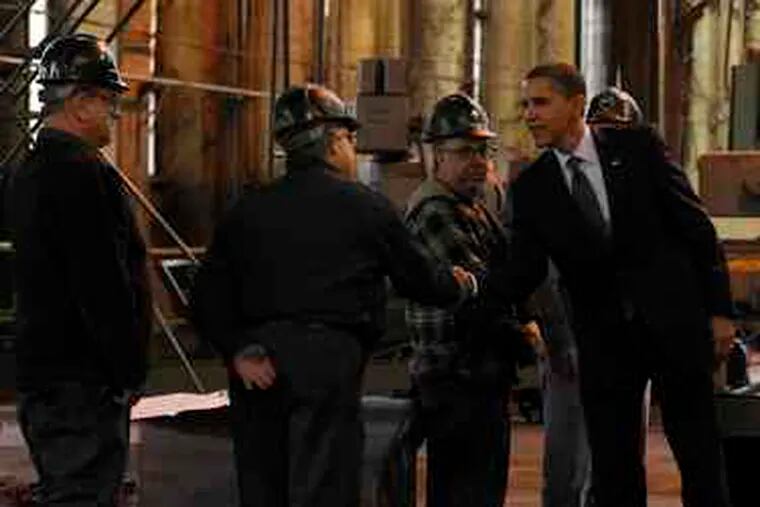 President Obama greets workers at Allentown Metal Works as part of a visit to the Lehigh Valley. In October, the area jobless rate was 9.8 %. Earlier yesterday, he told a crowd, &quot;I consider one job lost one job too many.&quot;