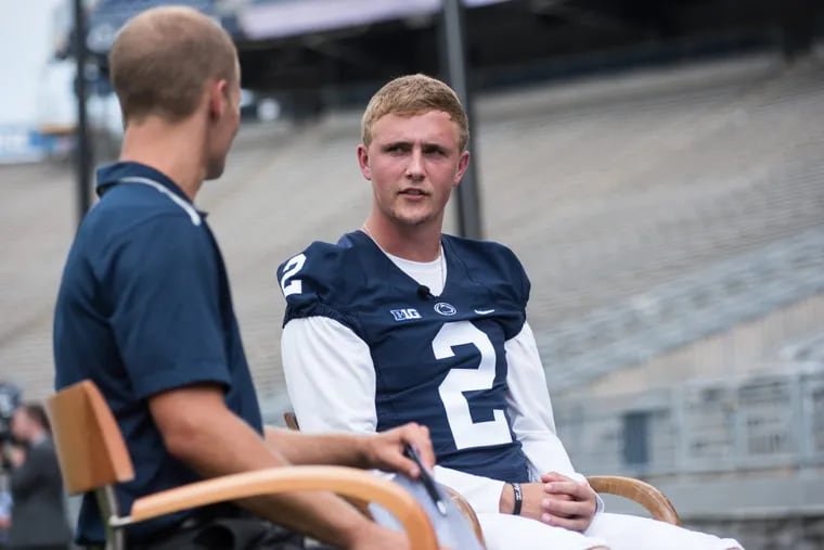 Penn State quarterback Tommy Stevens addresses questions from Penn State Sports Network broadcaster Brian Tripp during a Media Day event inside Beaver Stadium on Thursday, Aug. 4, 2016.