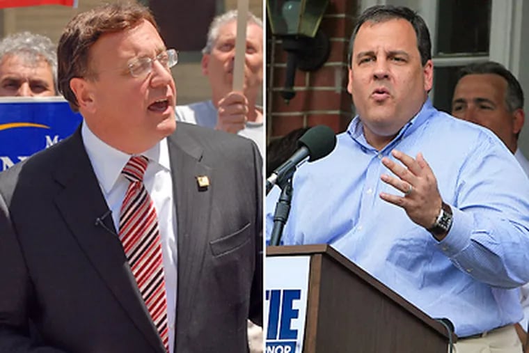Steve Lonegan (left) has called for 20 percent spending cuts and for a flat 2.9 percent income tax. Christopher J. Christie (right) has called for tax and spending cuts. (Tom Gralish and Akira Suwa / Staff Photographers)