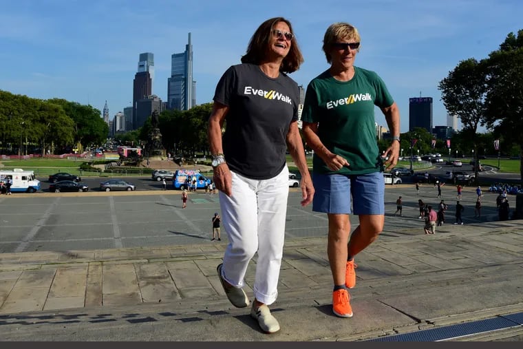 Move over, Rocky: Diana Nyad, right, and Bonnie Stoll, left, climb the steps of the Philadelphia Museum of Art as they scope out the route of the upcoming, week-long walk they'll lead from Philadelphia to Washington D.C.