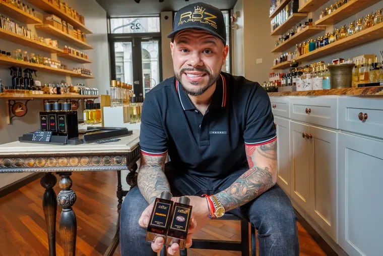 Alex Rodriguez is an event planner, runs a construction company, and makes prestige perfume under label RDZ Parfums. His latest scents are based on aromas of Philadelphia and the Philly Blunt. Photograph taken at Perfumology, 25 N. 3rd Street, Old City, Philadelphia on Thursday, April 25, 2024.