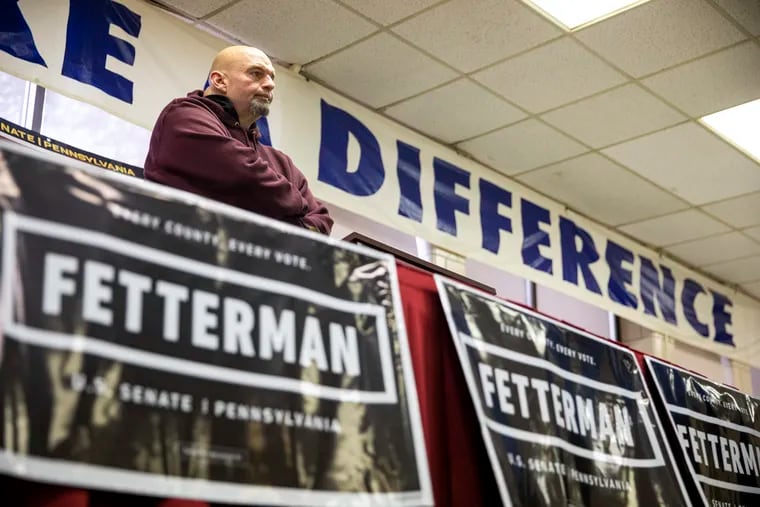 Pennsylvania Lt. Gov. John Fetterman, now the Democratic nominee for U.S. Senate, campaigns in Plymouth Meeting in April.