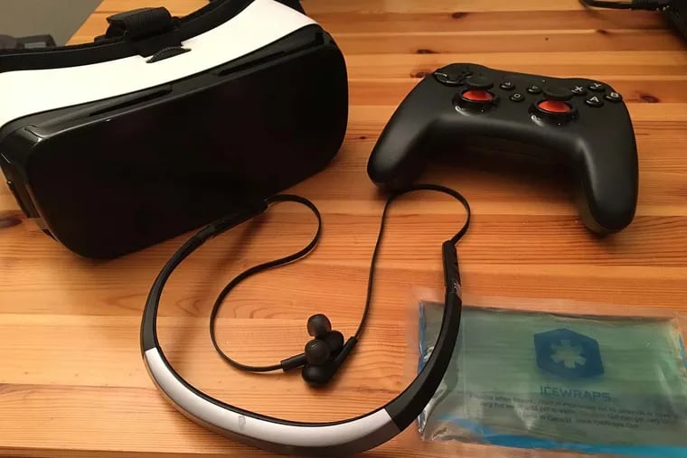 For virtual reality, use the GearVR viewer (left) and listen on a Jabra Halo Smart headset. The SteelSeries Stratus XL controller spins the 360-degree Rio scene.