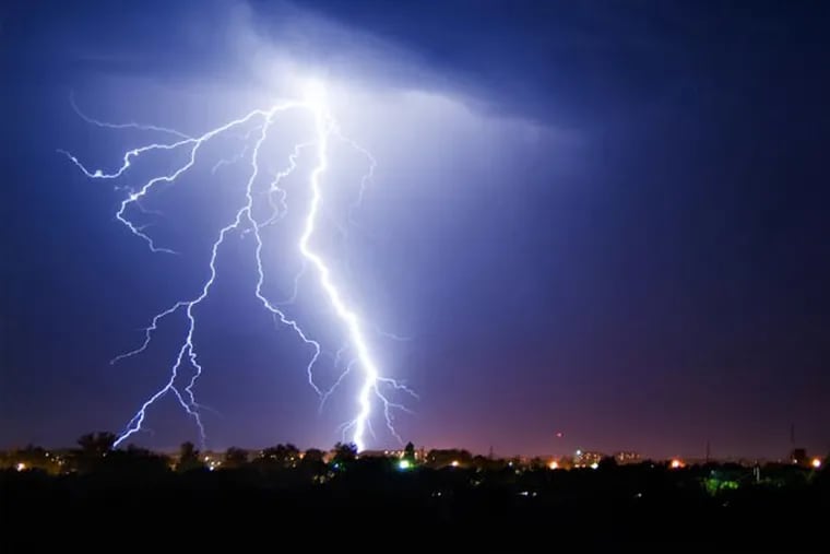 Intense lightning strikes during a thunderstorm.