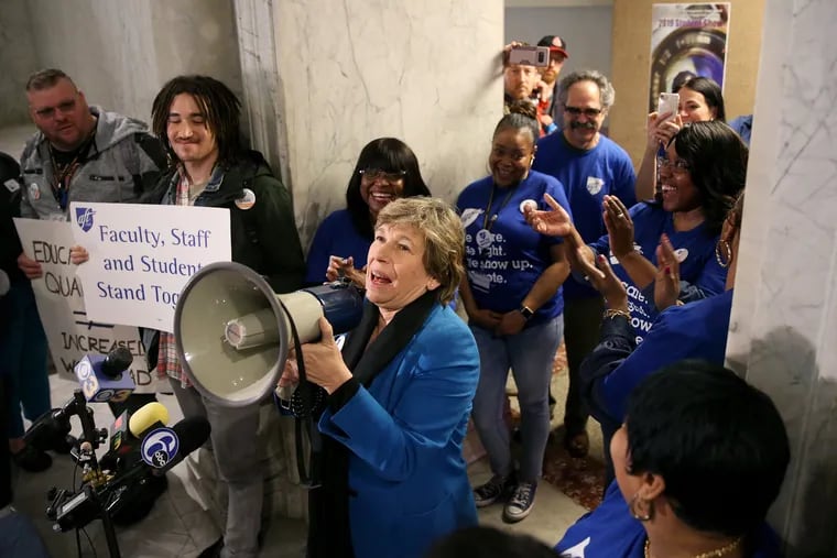 American Federation of Teachers President Randi Weingarten speaks during a rally supporting unionized faculty and staff at the Community College of Philadelphia in the Spring Garden section Friday ahead of a potential strike.
