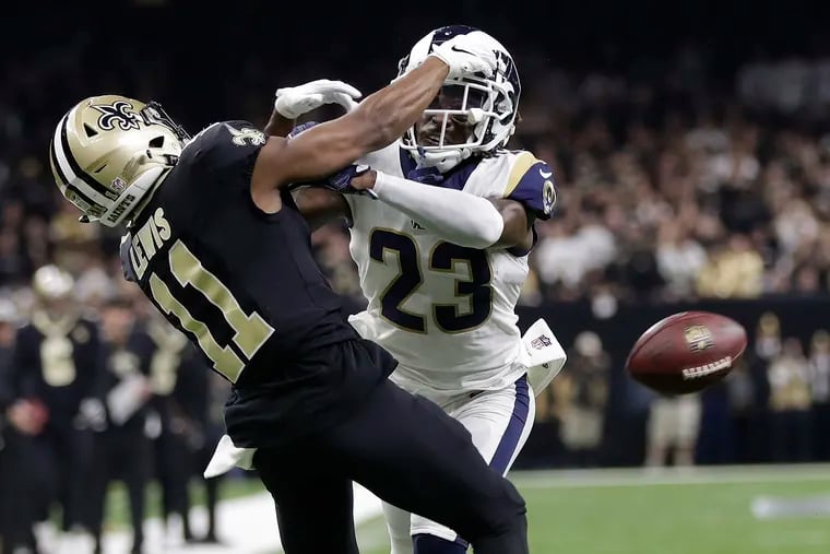 The Rams' Nickell Robey-Coleman breaks up a pass intended for the Saints' Tommylee Lewis during the NFC championship game. As a result of pass interference not being called on this play, the NFL has made such calls and non-calls reviewable.