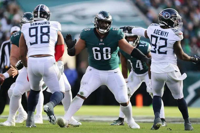 Eagles offensive tackle Jordan Mailata reacts after getting called for a false start during the second quarter against the Tennessee Titans.