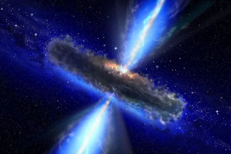 This artist's impression shows a galaxy being sucked into a super-massive black hole.