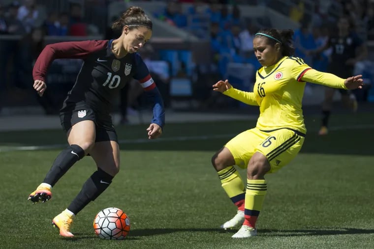 United States' Carli Lloyd (10) looks to make her move on Colombia's
Leicy Santos (16) during the first half of an international friendly soccer match, Sunday, April 10, 2016, in Chester, Pa.