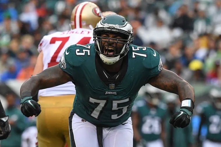 Eagles defensive end Vinny Curry celebrating a tackle for loss during an October 2017 game.