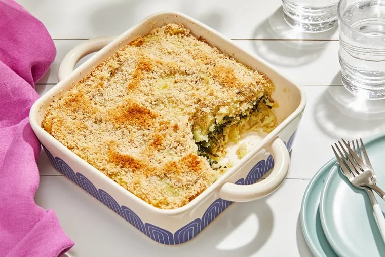 Potato, Cauliflower, and Spinach Casserole. MUST CREDIT: Tom McCorkle for The Washington Post; food styling by Gina Nistico for The Washington Post