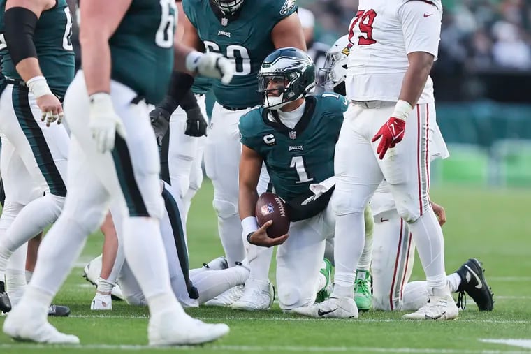Eagles quarterback Jalen Hurts after a play against the Arizona Cardinals in the fourth quarter Sunday.