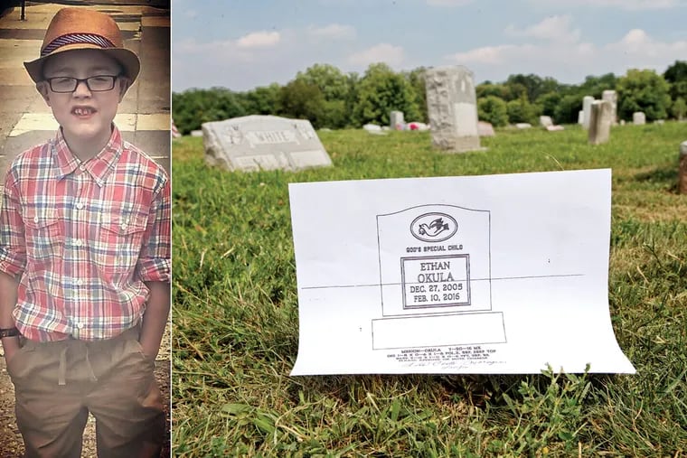 Ethan Okula, who died in foster care, was buried without a headstone, but people are donating to get him one. A rendition of what the headstone will look like is seen at the site Ethan is buried at Merion Memorial Park in Bala Cynwyd.