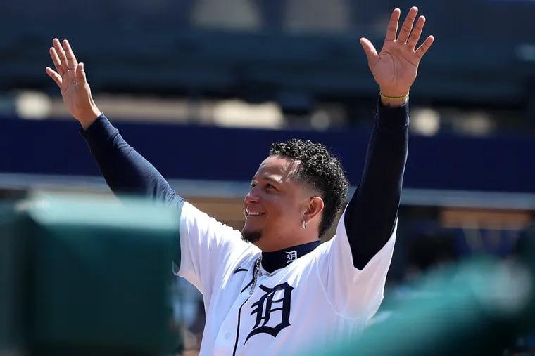 The Detroit Tigers' Miguel Cabrera celebrates after hitting his 3,000th hit during the first inning against the Colorado Rockies on Saturday.