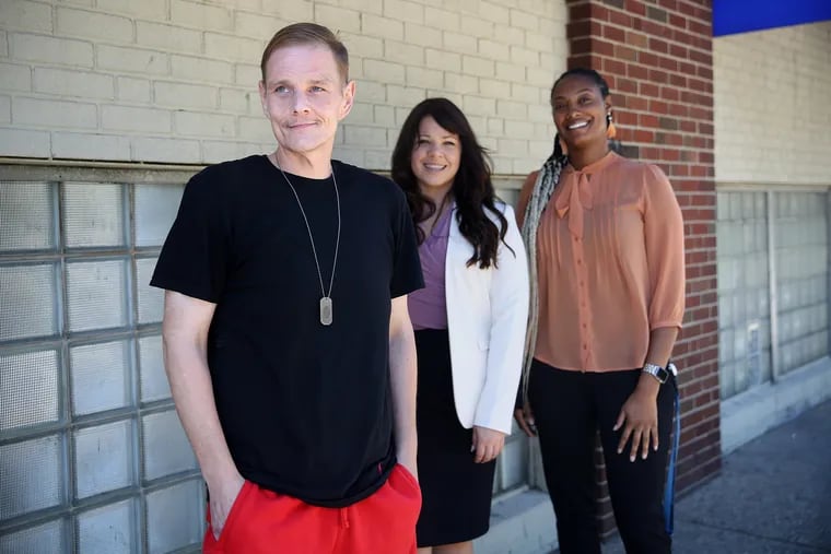 (From left) Andrew Glinka, who recently completed the Recovery Through Work program, program facilitator Jackie Somes, and clinical supervisor Monique Veney at Merakey Parkside Recovery in West Philadelphia. The program gives job readiness training to individuals recovering from addiction so they are prepared to find employment after treatment.