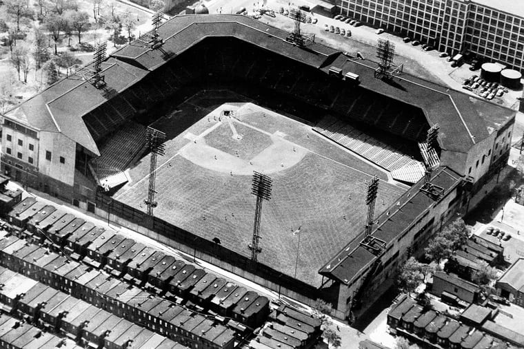 An aerial view of the former Connie Mack Stadium. Charlie Quinn's Deep Right Field Café was located in one of the corner rowhouses behind the right field wall, in the lower left corner of this photo.