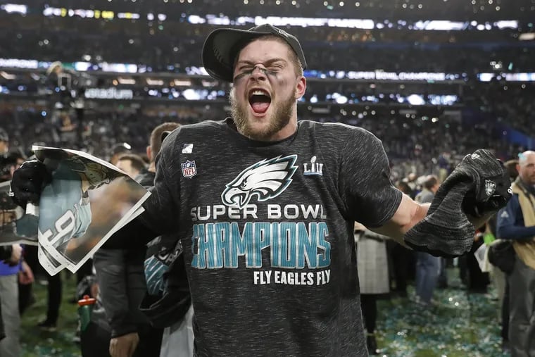 Nate Gerry celebrating on the field after the Eagles won Super Bowl 52.