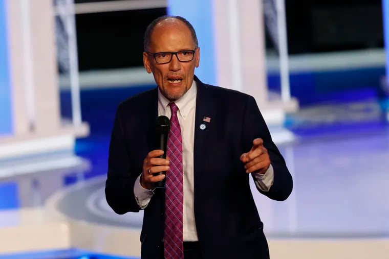 DNC Chair Tom Perez speaks before the start of a Democratic primary debate hosted by NBC News in June. Perez is in Detroit this week for the second round of Democratic debates.