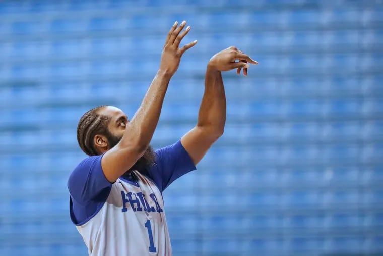 Sixers guard James Harden puts up shots after practice Tuesday on the first day of training camp at The Citadel in Charleston, S.C.