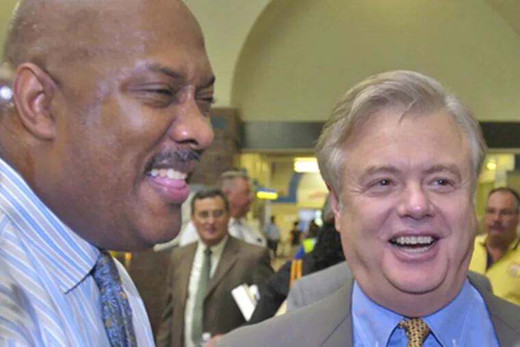 Deal makers: State Rep. Dwight Evans (left) and former State Sen. Vincent J. Fumo in 2007. A new report says Evans lobbied hard to influence who got a contract to run a school. (File Photo / Staff)