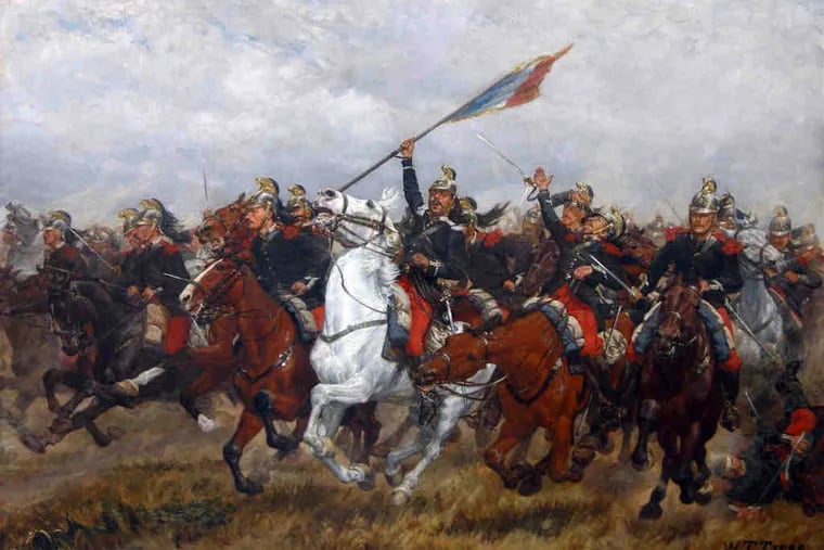 William T. Trego's oil &quot;The Color Guard (French Dragoons Charging),&quot; submitted to Paris' 1889 Salon. He portrayed his mustachioed self leading the charge - an image, perhaps, representing pure heroic wish-fulfillment for the frail, disabled artist.
