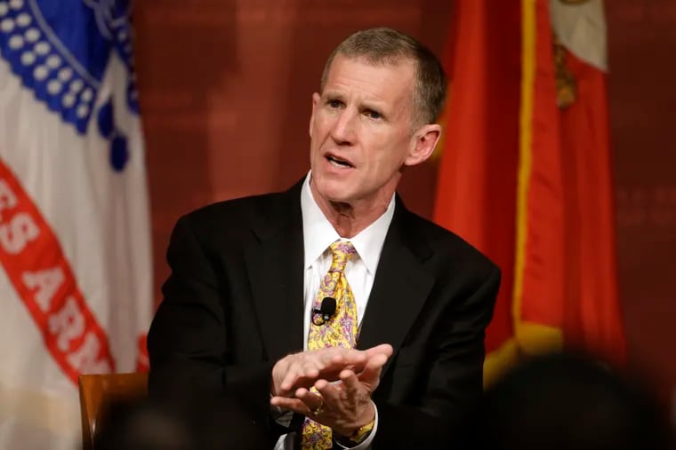 FILE- In this March 11, 2013, file photo retired U.S. Army Gen. Stanley McChrystal speaks during a forum called "Ask What You Can Do For America's Veterans" at the John F. Kennedy School of Government at Harvard University, in Cambridge, Mass. The former top U.S. commander in Afghanistan says that withdrawing up to half the 14,000 American troops serving there reduces the incentive for the Taliban to negotiate a peace deal after more than 17 years of war. McChrystal says on ABC’s “This Week” that the U.S. has “basically traded away the biggest leverage point we have.” (AP Photo/Steven Senne, File)