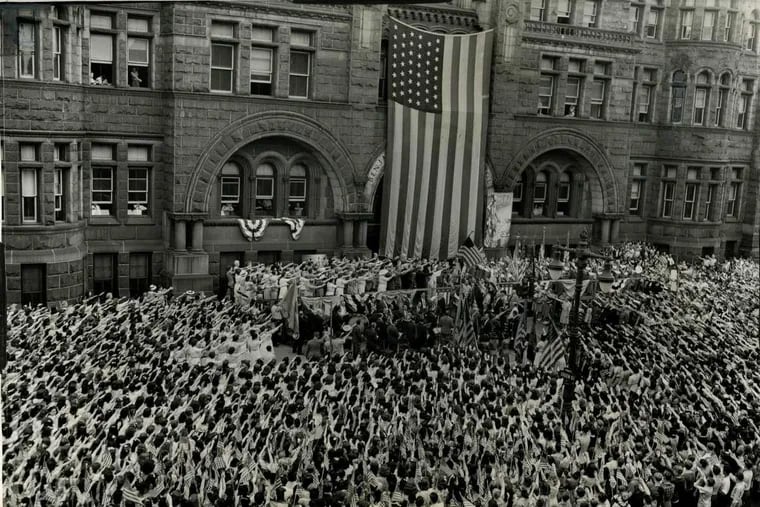 In exercises held in anticipation of 1942&#039;s Flag Day celebration, 12,000 students of six public high, junior, and elementary schools vowed their faithfulness to the American Flag at Benjamin Franklin High School at Broad and Green Streets. The flag, 18 by 33 feet, was made in 1909 and therefore contains only 46 stars.